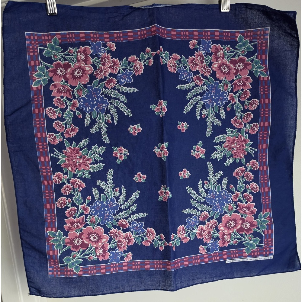 Vintage Wamcraft Bandana Blue Floral Cotton USA Made Unisex 34in